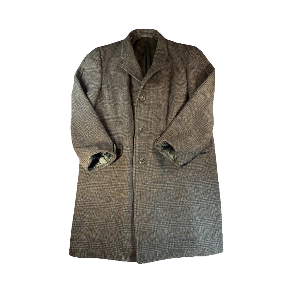 Richman Brothers Vintage Men's Wool Plaid Overcoat Lined 42R Brown Gray